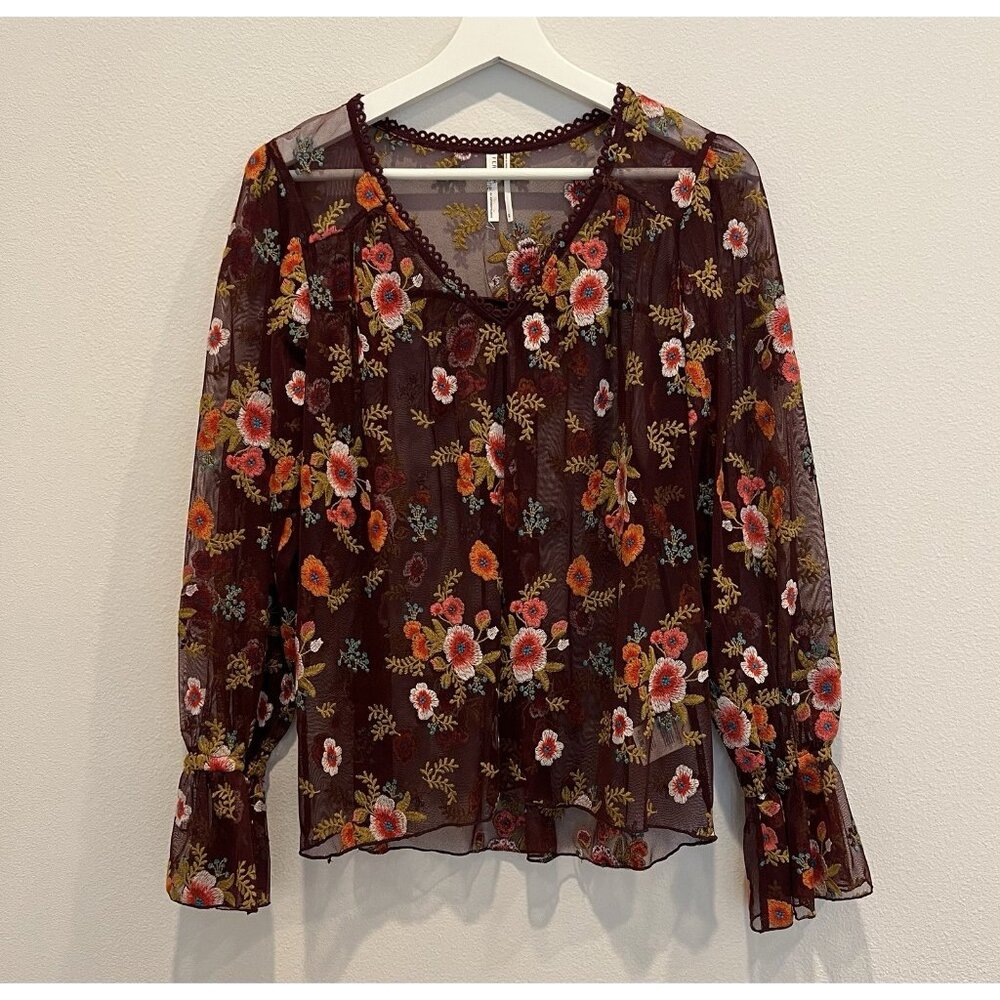 Anthropologie Feather Bone Top XS Size Ruffled Giralda Blouse Embroidery Floral - Picture 8 of 13